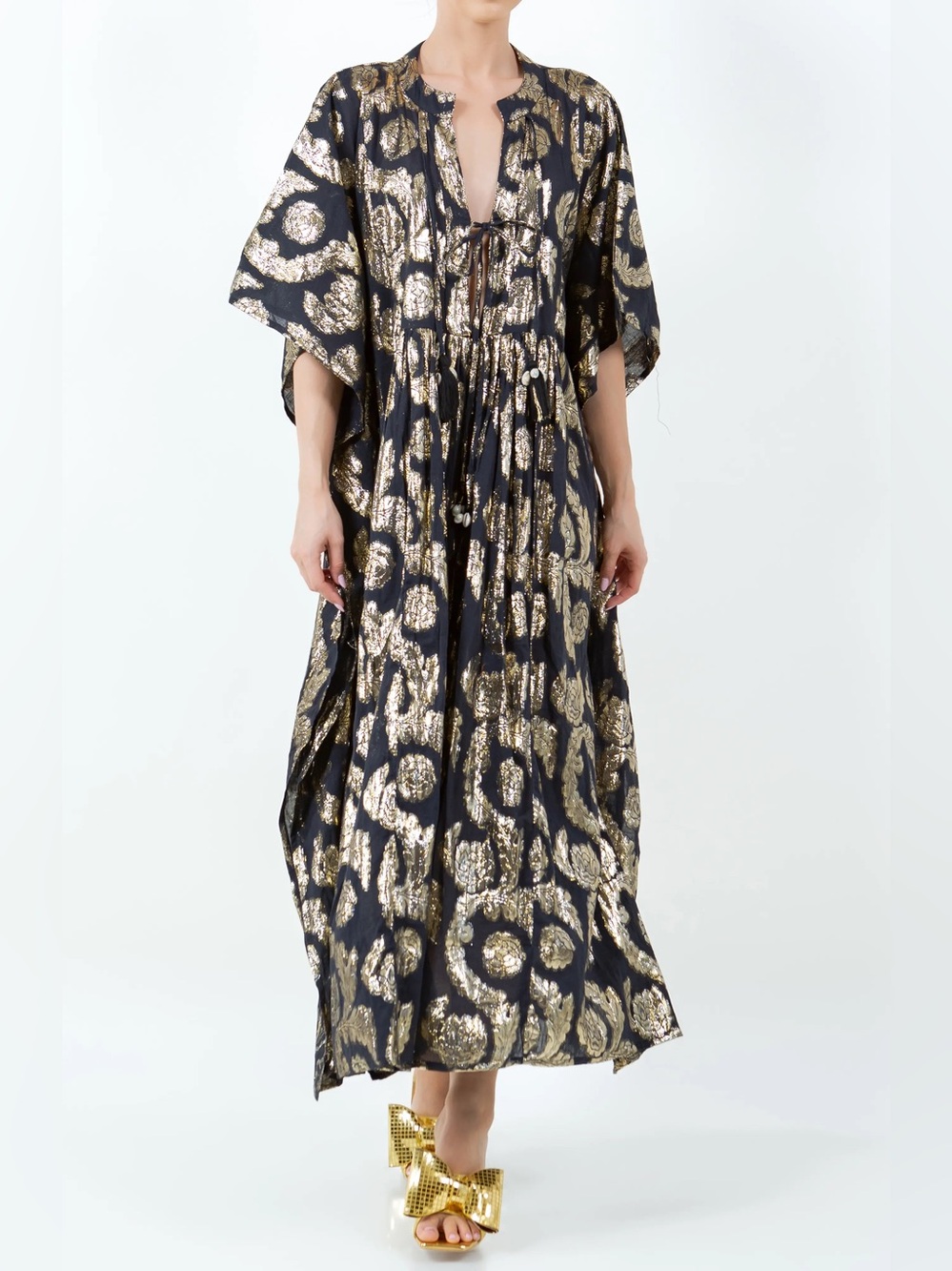 MEGHAN FABULOUS Palm Springs Caftan Maxi Dress Gold Metallic Size S/M NWT